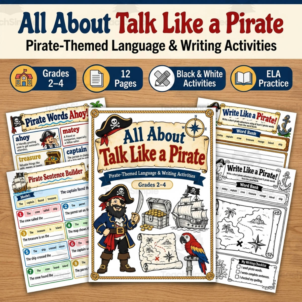 An educational teaching resource from TeachTrend Studio entitled All about Talk Like a Pirate Day Activities | Pirate Writing Worksheet downloadable at Teach Simple.