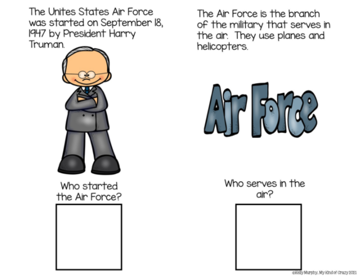 An educational teaching resource from My Kind of Crazy entitled All About the Air Force Adapted Book, Printable, Color and BW, Special Ed downloadable at Teach Simple.