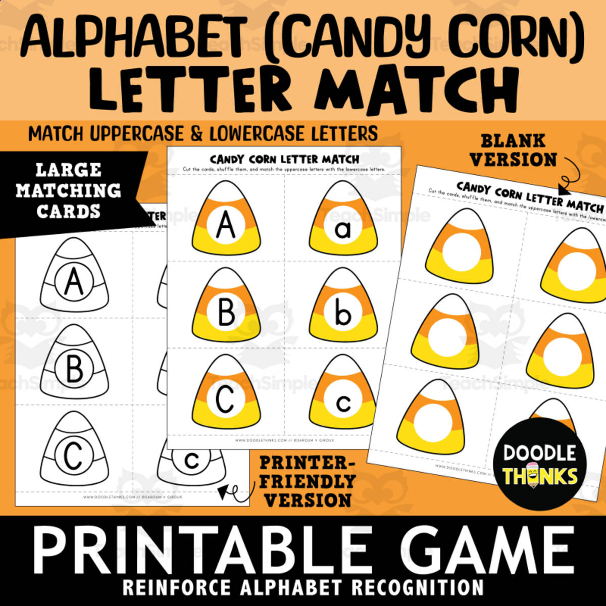 An educational teaching resource from Doodle Thinks entitled Alphabet Candy Corn Letter Match Uppercase & Lowercase Matching Game downloadable at Teach Simple.