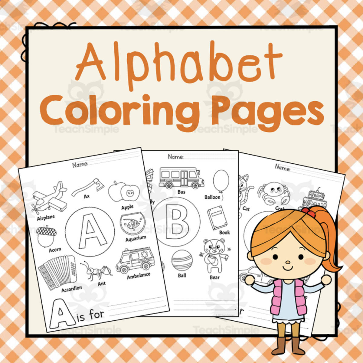 An educational teaching resource from Simply Schoolgirl entitled Alphabet Coloring Pages | Letter of the Week Activity Book downloadable at Teach Simple.