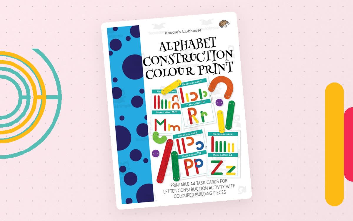 An educational teaching resource from Koodles Clubhouse entitled Alphabet Construction Color Print downloadable at Teach Simple.