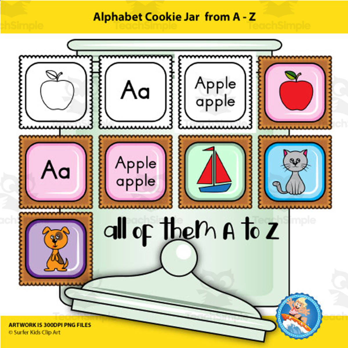 An educational teaching resource from Surfer Kids Clip Art entitled Alphabet Cookie Jar Clipart downloadable at Teach Simple.