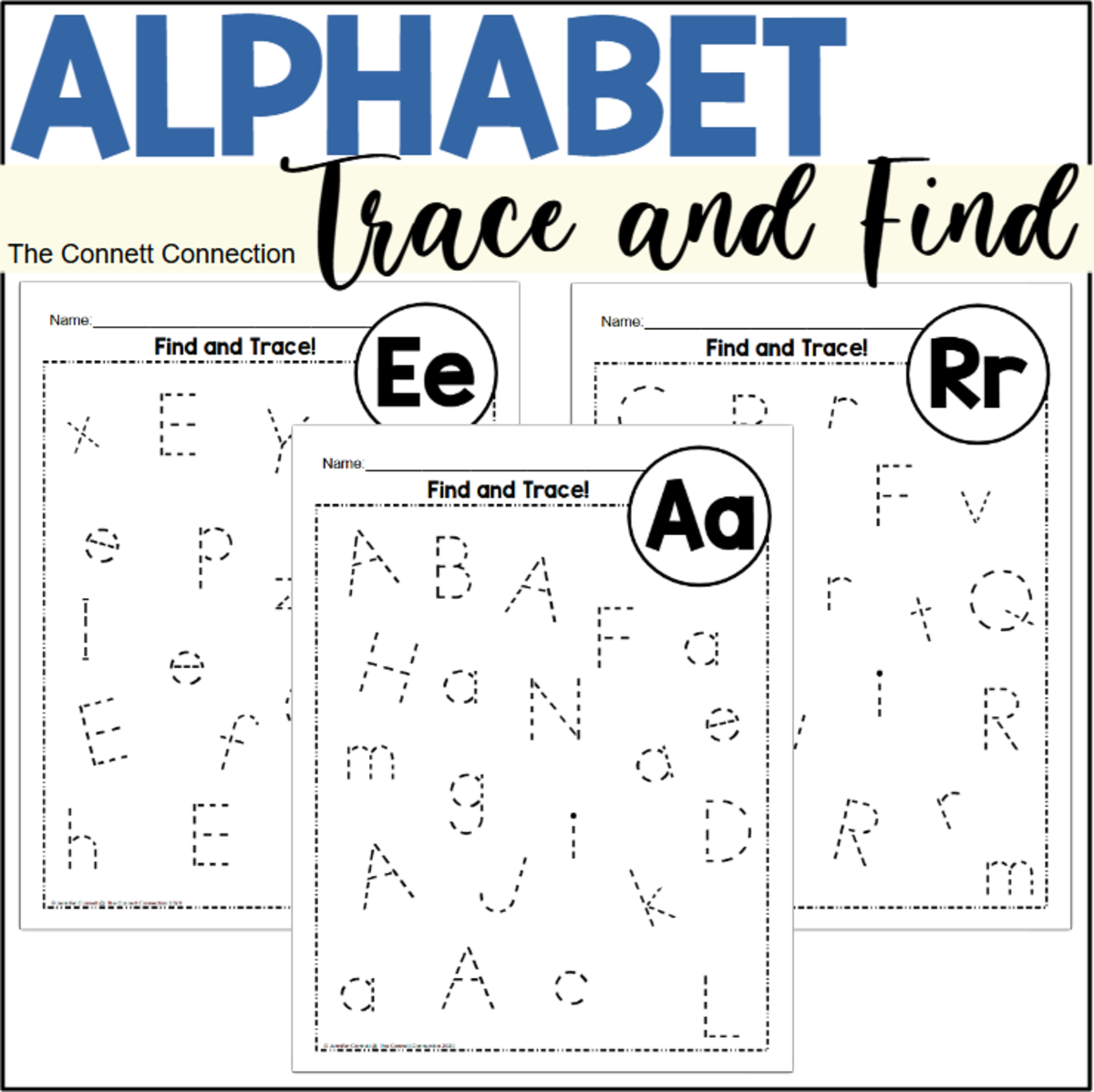 An educational teaching resource from The Connett Connection entitled Alphabet Find and Trace Worksheets downloadable at Teach Simple.
