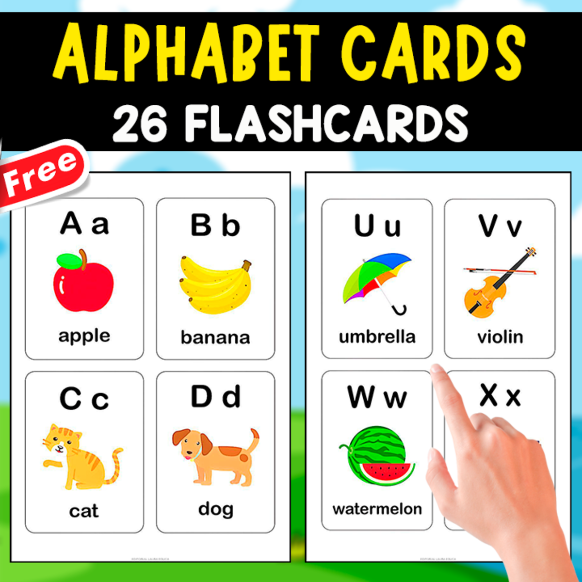 An educational teaching resource from EDITORIAL LAURA EDUCA entitled ALPHABET FLASHCARDS | 26 FREE CARDS FOR KIDS downloadable at Teach Simple.