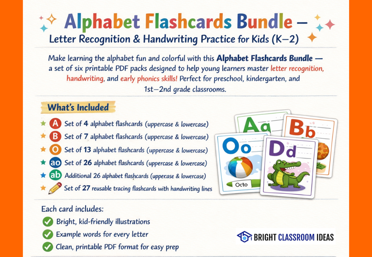 An educational teaching resource from Bright Classroom Ideas Marketplace entitled Alphabet Flashcards Bundle – Letter Recognition & Handwriting Practice downloadable at Teach Simple.