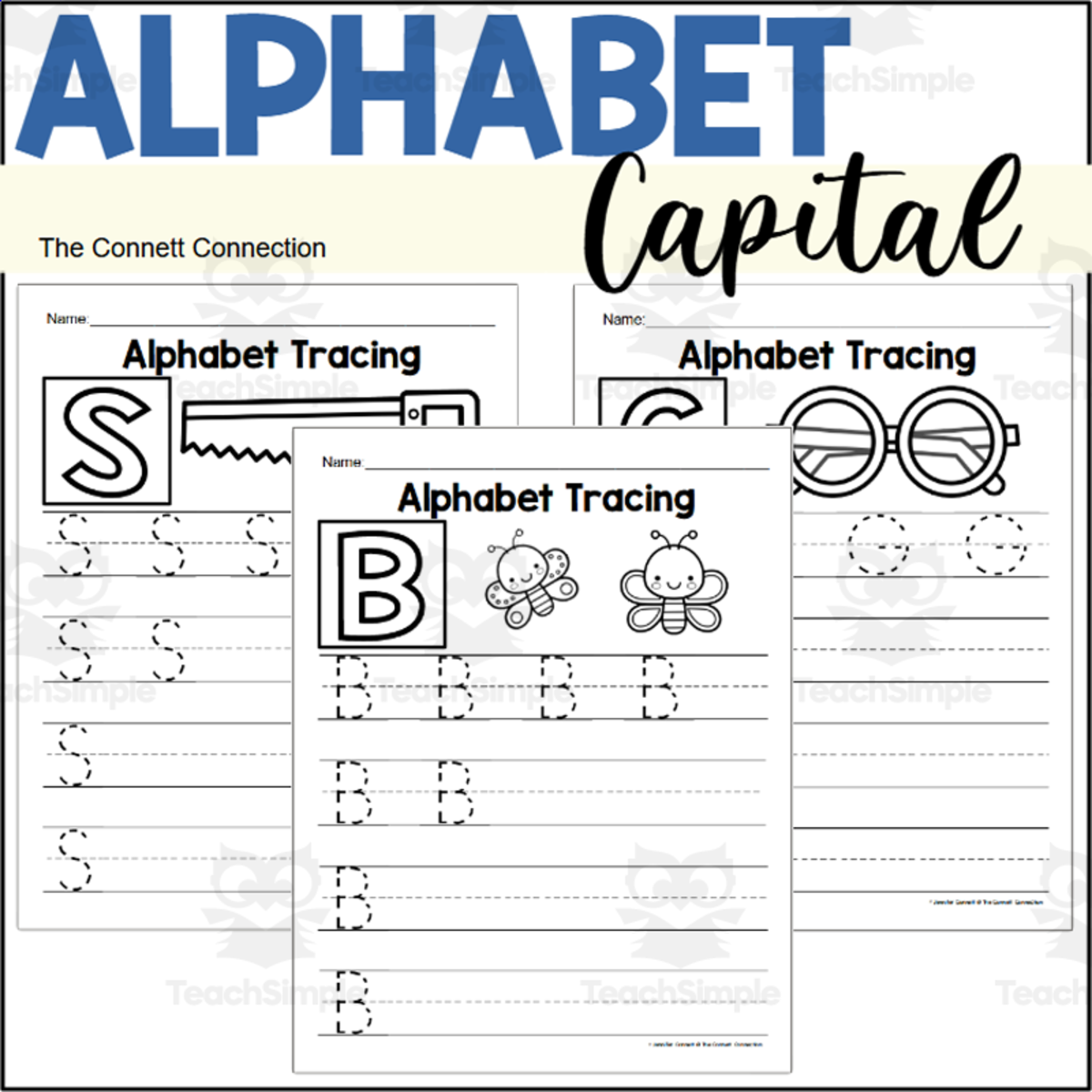 An educational teaching resource from The Connett Connection entitled Alphabet Handwriting Worksheets for Capital Letters downloadable at Teach Simple.