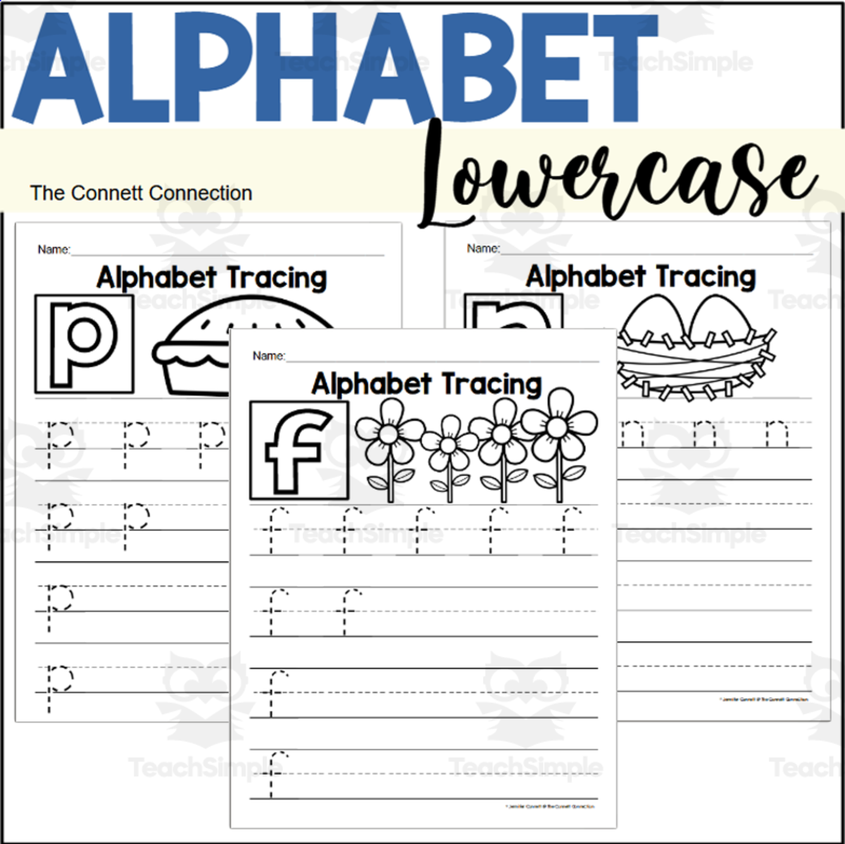 An educational teaching resource from The Connett Connection entitled Alphabet Handwriting Worksheets for Lowercase Letters downloadable at Teach Simple.