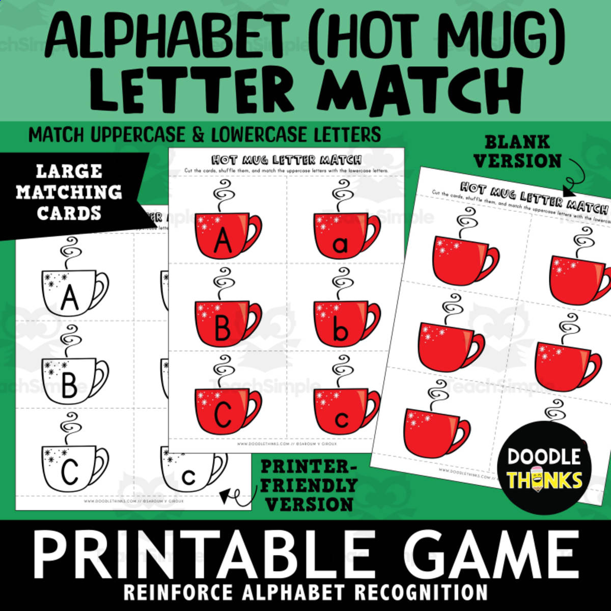 An educational teaching resource from Doodle Thinks entitled Alphabet Hot Mug Letter Match Uppercase and Lowercase Matching Game downloadable at Teach Simple.