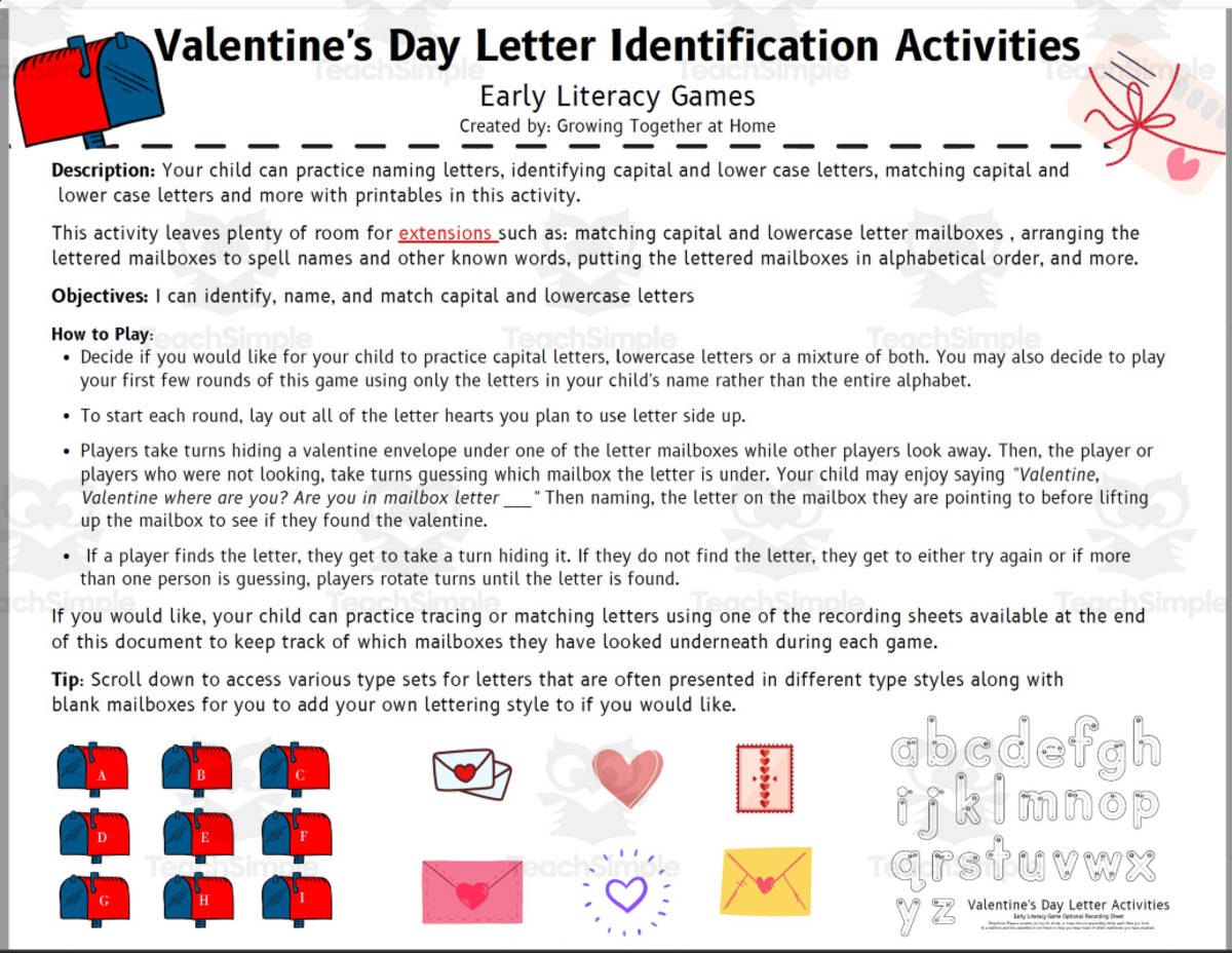 An educational teaching resource from Sprout & Inspire entitled Alphabet Identification Game & Activities: Valentine's Day Themed downloadable at Teach Simple.