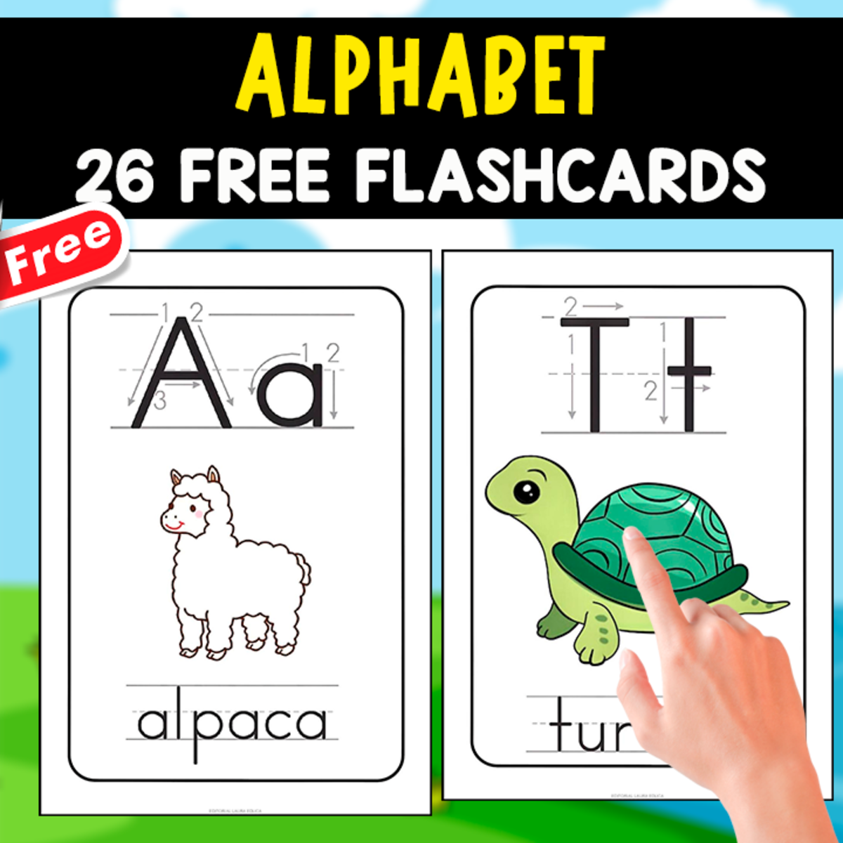 An educational teaching resource from EDITORIAL LAURA EDUCA entitled ALPHABET IN ENGLISH | 26 FREE FLASHCARDS downloadable at Teach Simple.