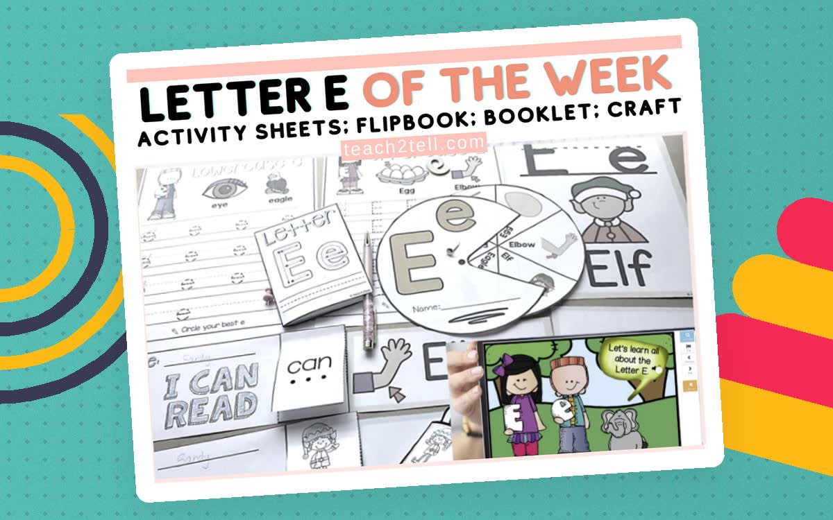 An educational teaching resource from Teach2Tell entitled Alphabet Letter of the Week Letter E Activities Printables Phonics downloadable at Teach Simple.