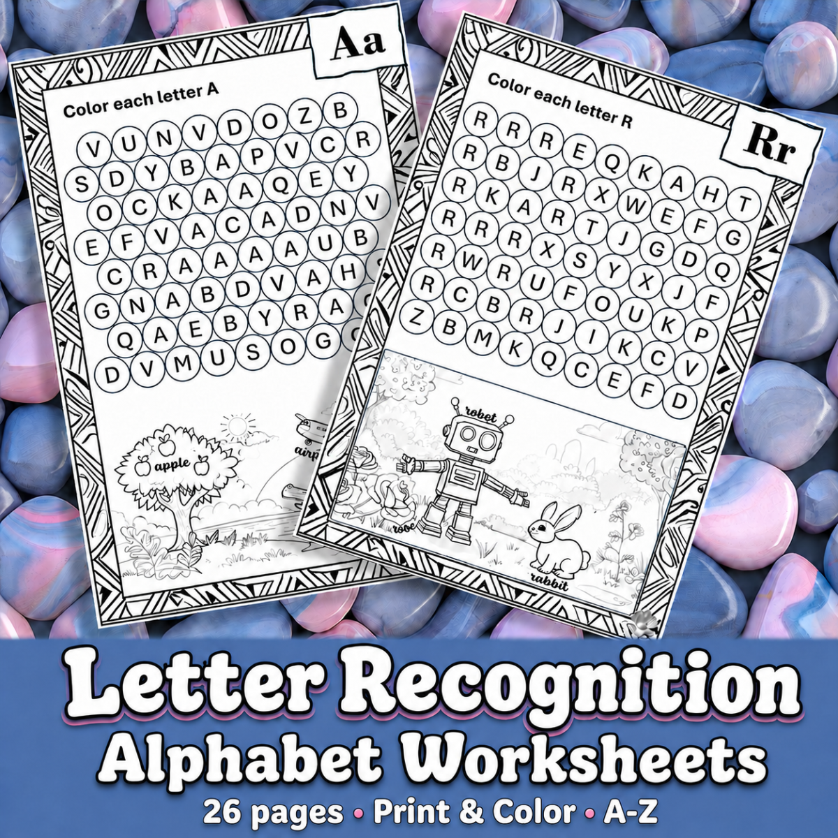 An educational teaching resource from English with Rita entitled Alphabet Letter Recognition Worksheets | Find, Learn & Color Activity downloadable at Teach Simple.
