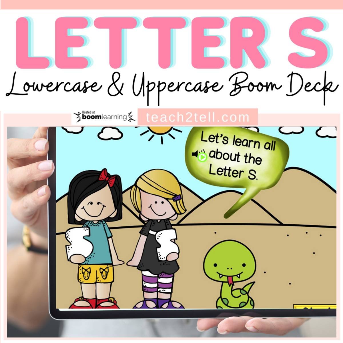 An educational teaching resource from Teach2Tell entitled Alphabet Letter S of the Week Boom Digital Cards downloadable at Teach Simple.
