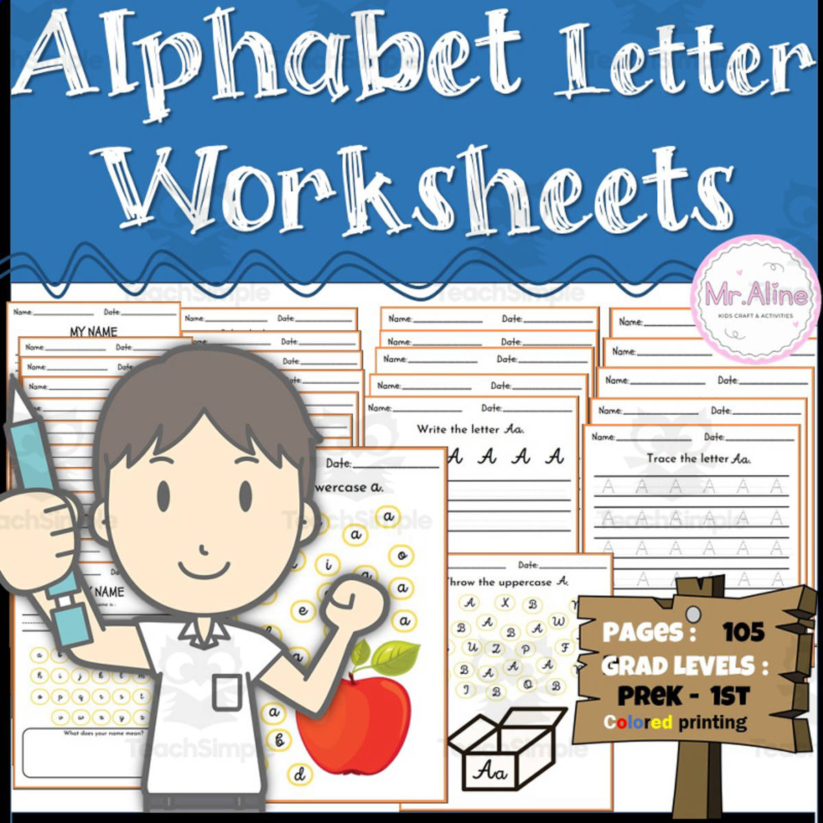 An educational teaching resource from Mr Aline Emorphi entitled Alphabet Letters: Letter Worksheets | Letter Recognition, Tracing Kindergarten downloadable at Teach Simple.