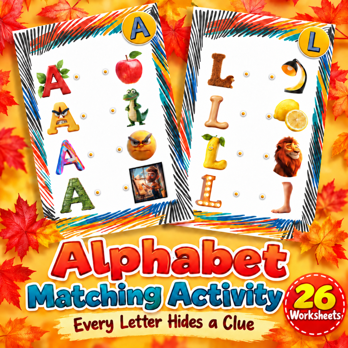 Alphabet Matching Worksheets A–Z: Letter Recognition with Picture Clue preview