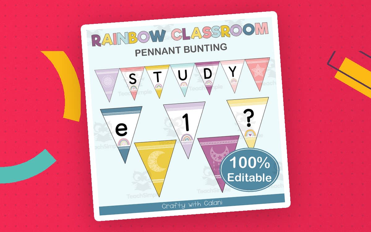 An educational teaching resource from Crafty with Calani entitled Alphabet Pennant Bunting in Pastel Rainbow Theme - 100% Editable downloadable at Teach Simple.