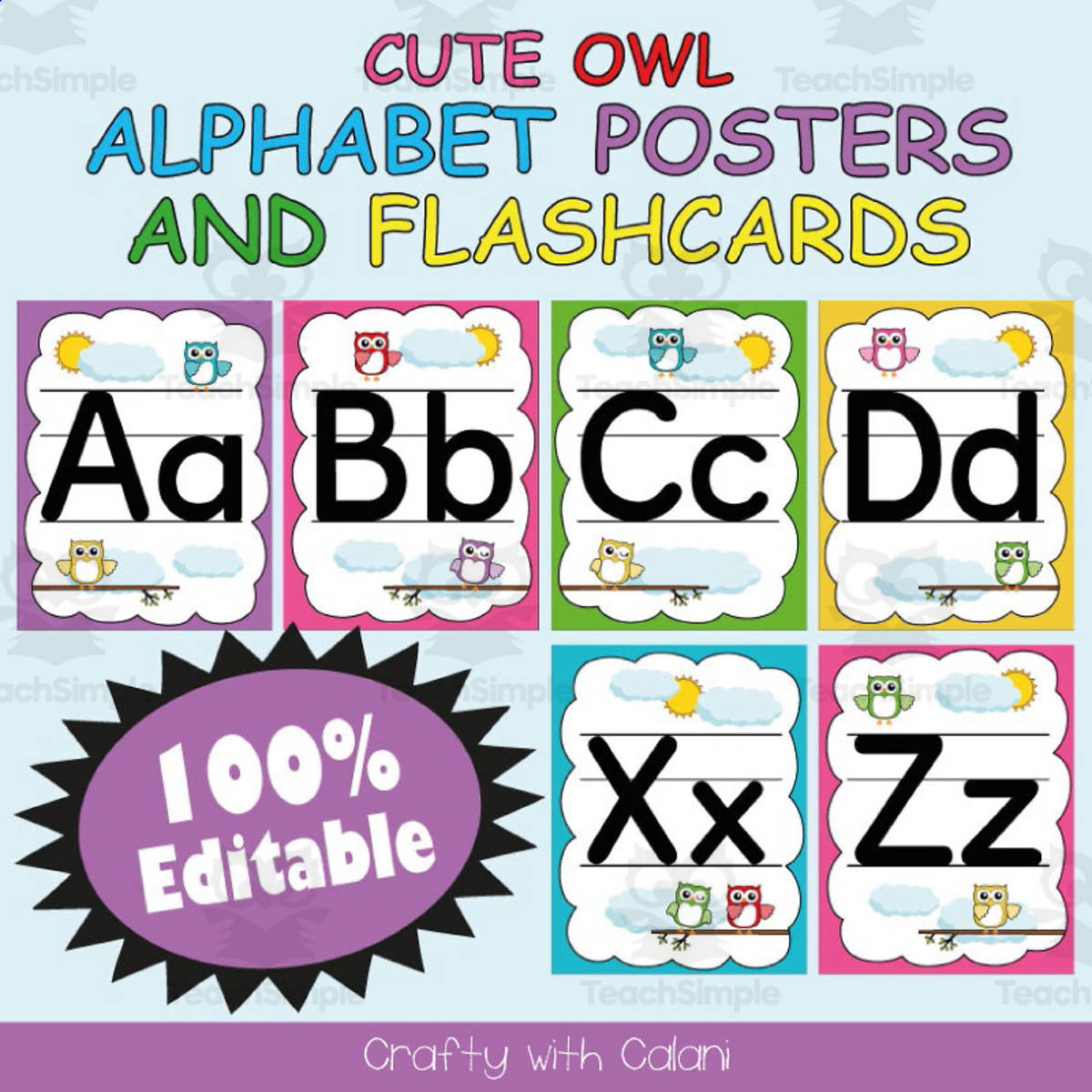 An educational teaching resource from Crafty with Calani entitled Alphabet Poster & Flashcards in Owl Theme - 100% Editable downloadable at Teach Simple.