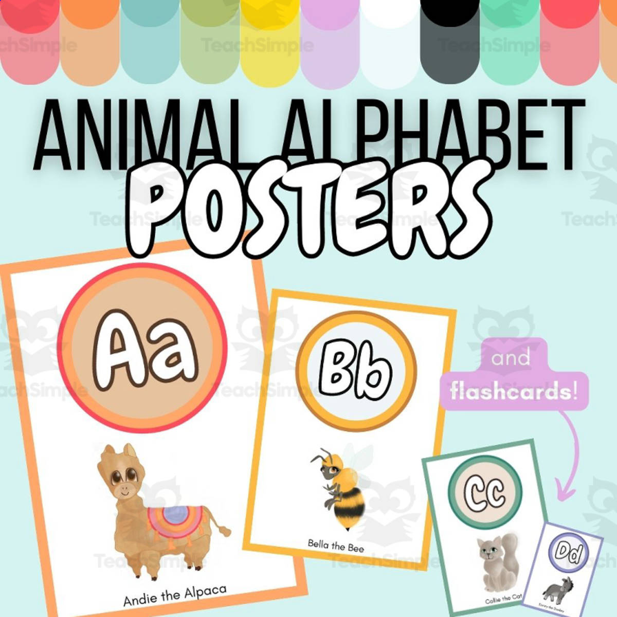 An educational teaching resource from ARTventurousanimals entitled Alphabet Posters and Flashcards for Phonics Review with Unique Animals downloadable at Teach Simple.