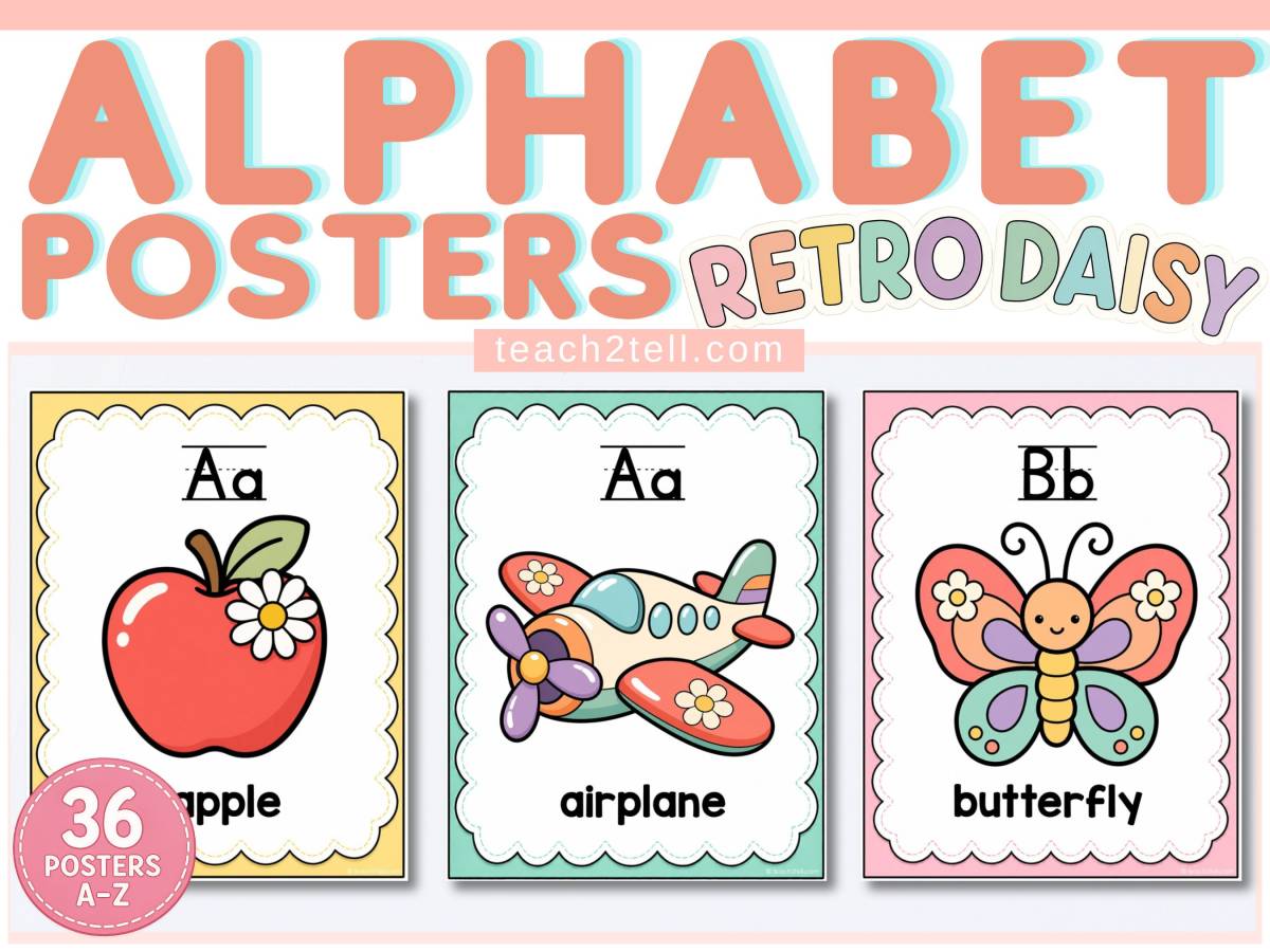 An educational teaching resource from Teach2Tell entitled Alphabet Posters Letter Formation Beginning Sounds Phonics Daisy Decor downloadable at Teach Simple.