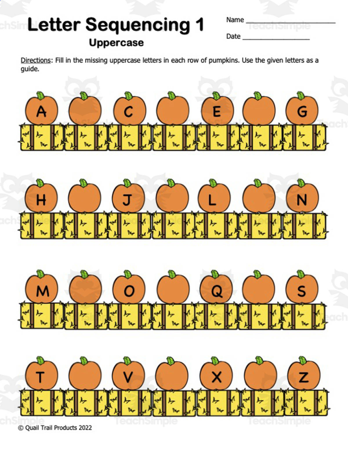 An educational teaching resource from Quail Trail Products entitled Alphabet Sequencing Worksheets - Pumpkin Theme downloadable at Teach Simple.