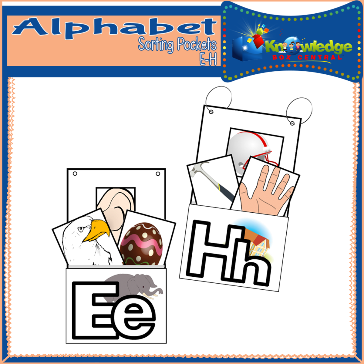 An educational teaching resource from Knowledge Box Central entitled Alphabet Sorting Pockets:  E to H  - EBOOK downloadable at Teach Simple.