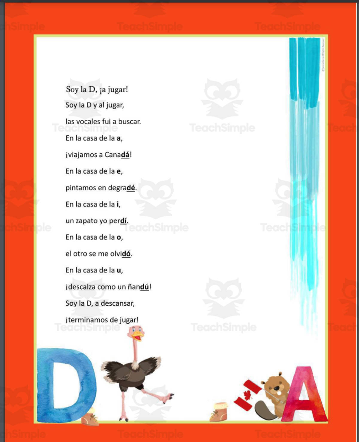 An educational teaching resource from Bridging - Spanish Reading and Writing entitled Alphabet Spanish Poetry: ¡Abrapalabra! Poemas para Aprender las Letras -D downloadable at Teach Simple.