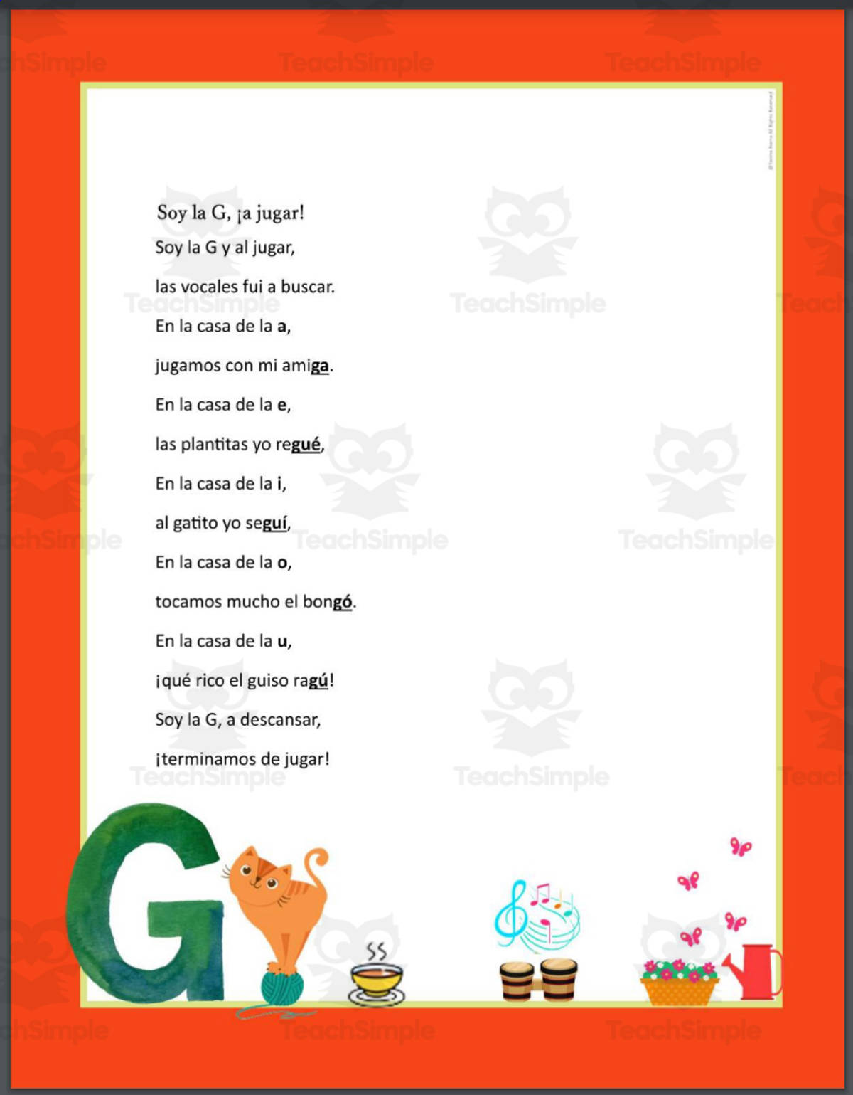 An educational teaching resource from Bridging - Spanish Reading and Writing entitled Alphabet Spanish Poetry: ¡Abrapalabra! Poemas para Aprender las Letras -G downloadable at Teach Simple.