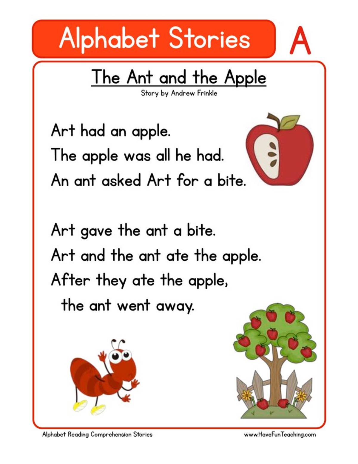 An educational teaching resource from Have Fun Teaching entitled Alphabet Stories Letter A Reading Comprehension Worksheet downloadable at Teach Simple.