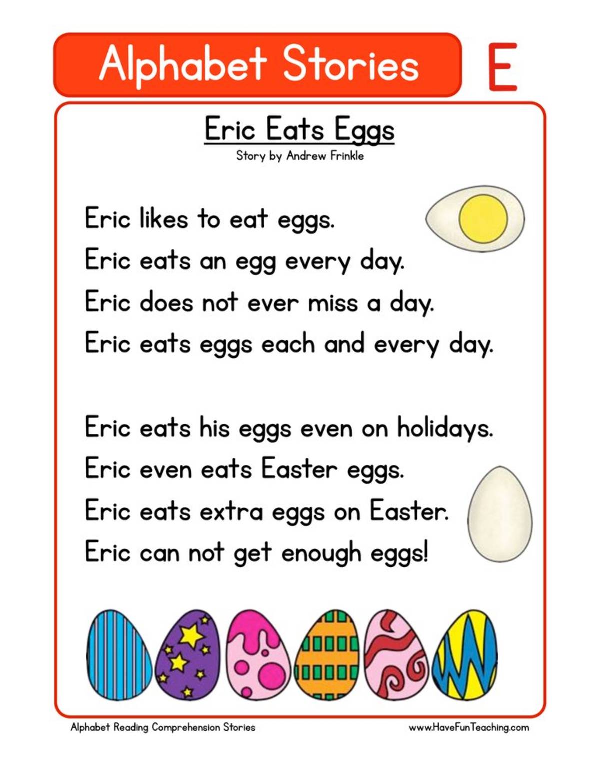 An educational teaching resource from Have Fun Teaching entitled Alphabet Stories Letter E Reading Comprehension Worksheet downloadable at Teach Simple.