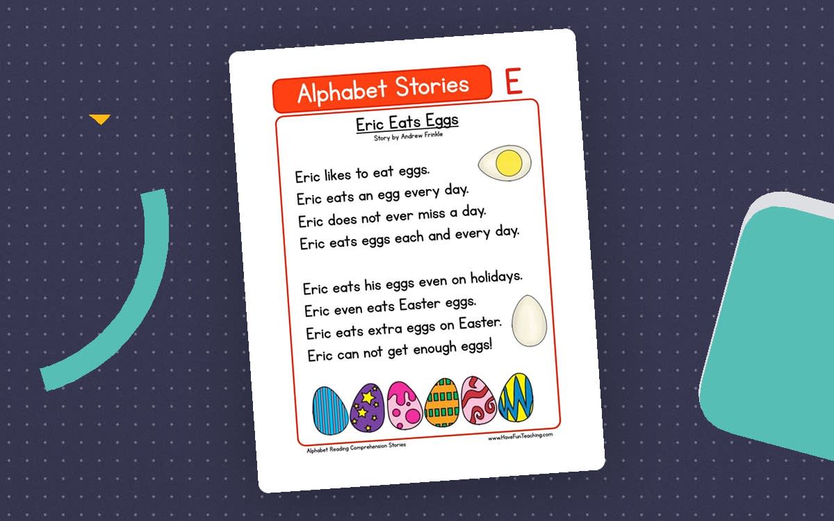 An educational teaching resource from Have Fun Teaching entitled Alphabet Stories Letter E Reading Comprehension Worksheet downloadable at Teach Simple.