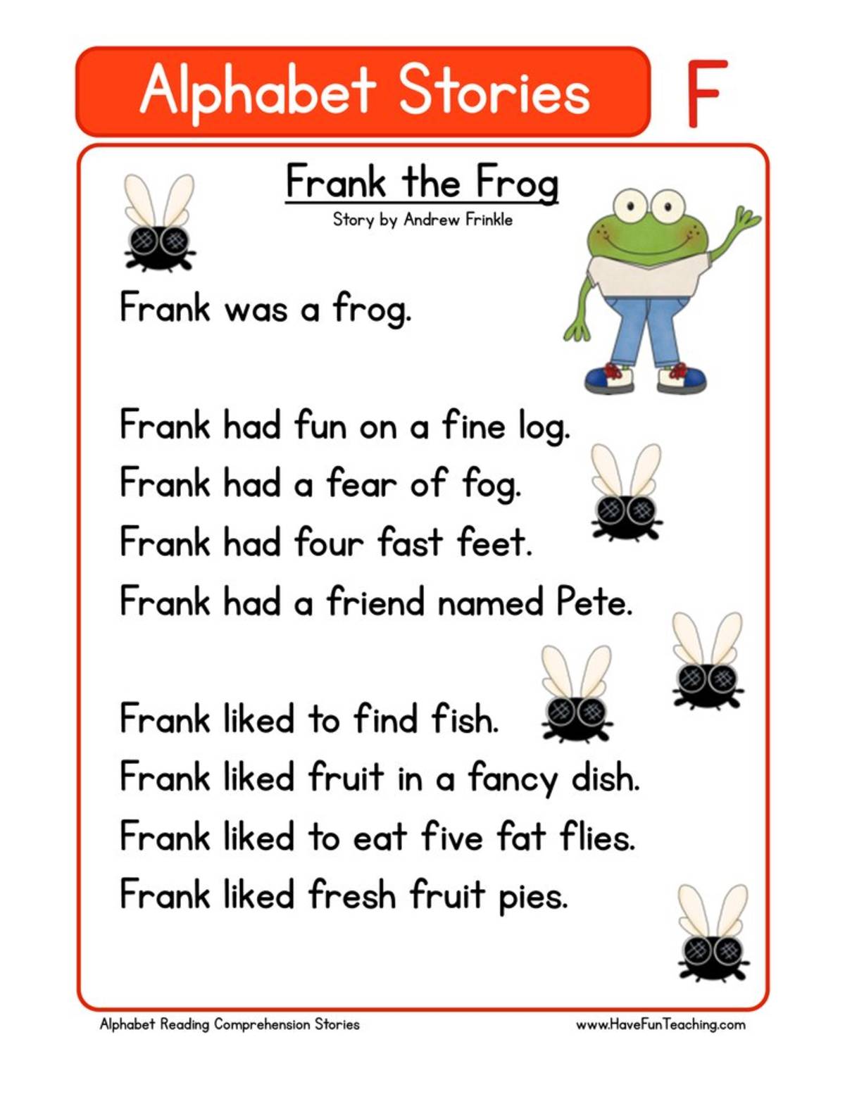 An educational teaching resource from Have Fun Teaching entitled Alphabet Stories Letter F Reading Comprehension Worksheet downloadable at Teach Simple.