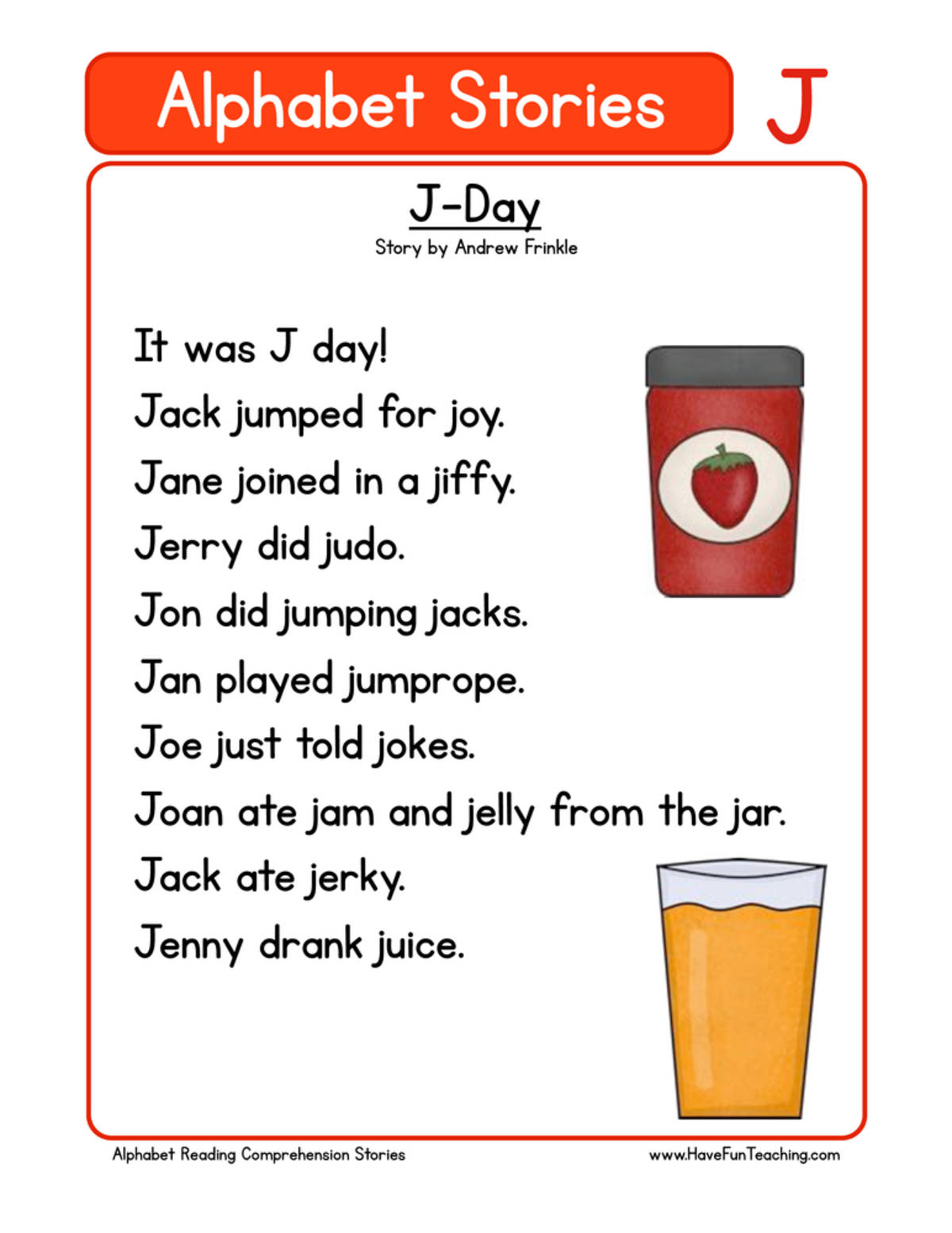 An educational teaching resource from Have Fun Teaching entitled Alphabet Stories Letter J Reading Comprehension Worksheet downloadable at Teach Simple.