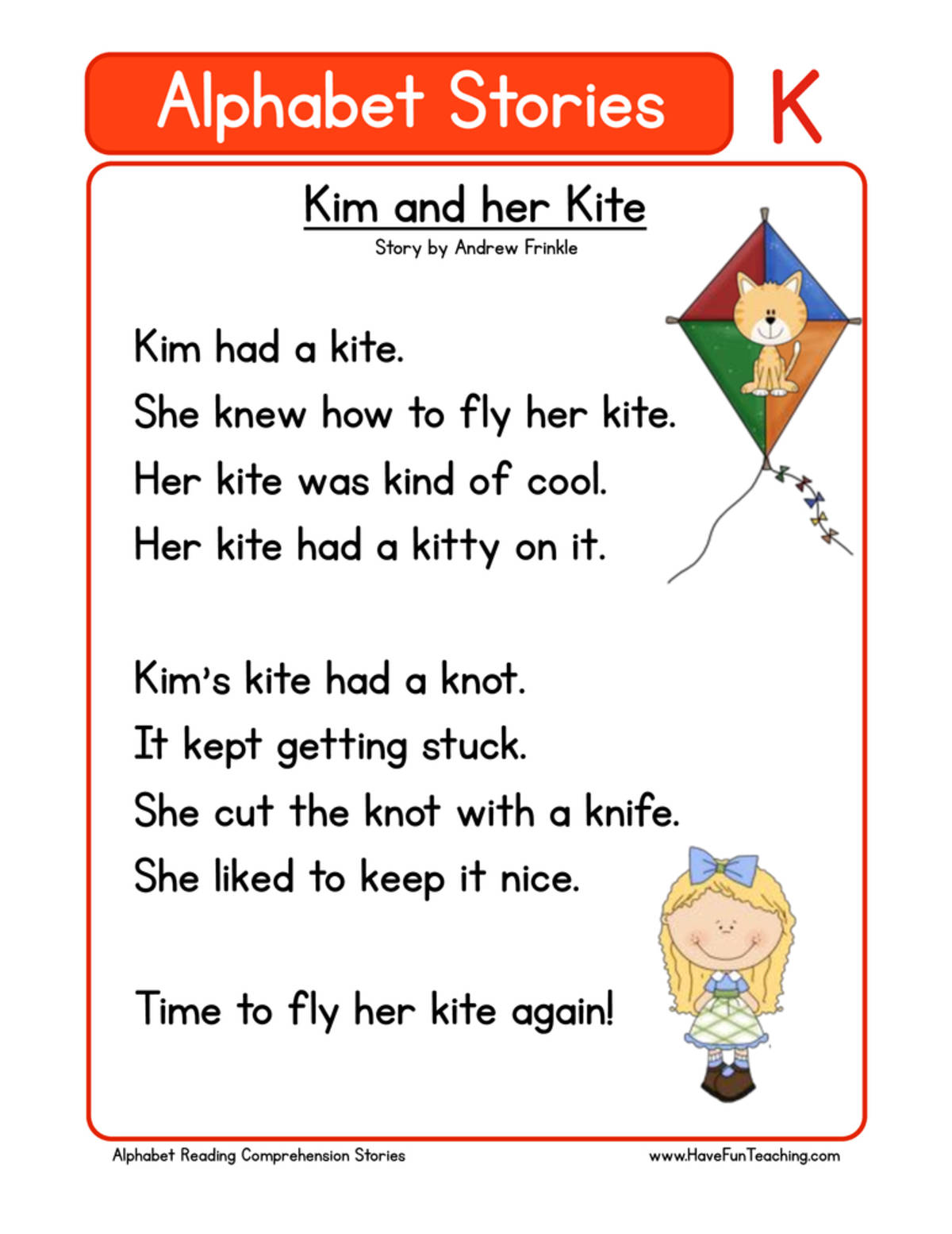 An educational teaching resource from Have Fun Teaching entitled Alphabet Stories Letter K Reading Comprehension Worksheet downloadable at Teach Simple.