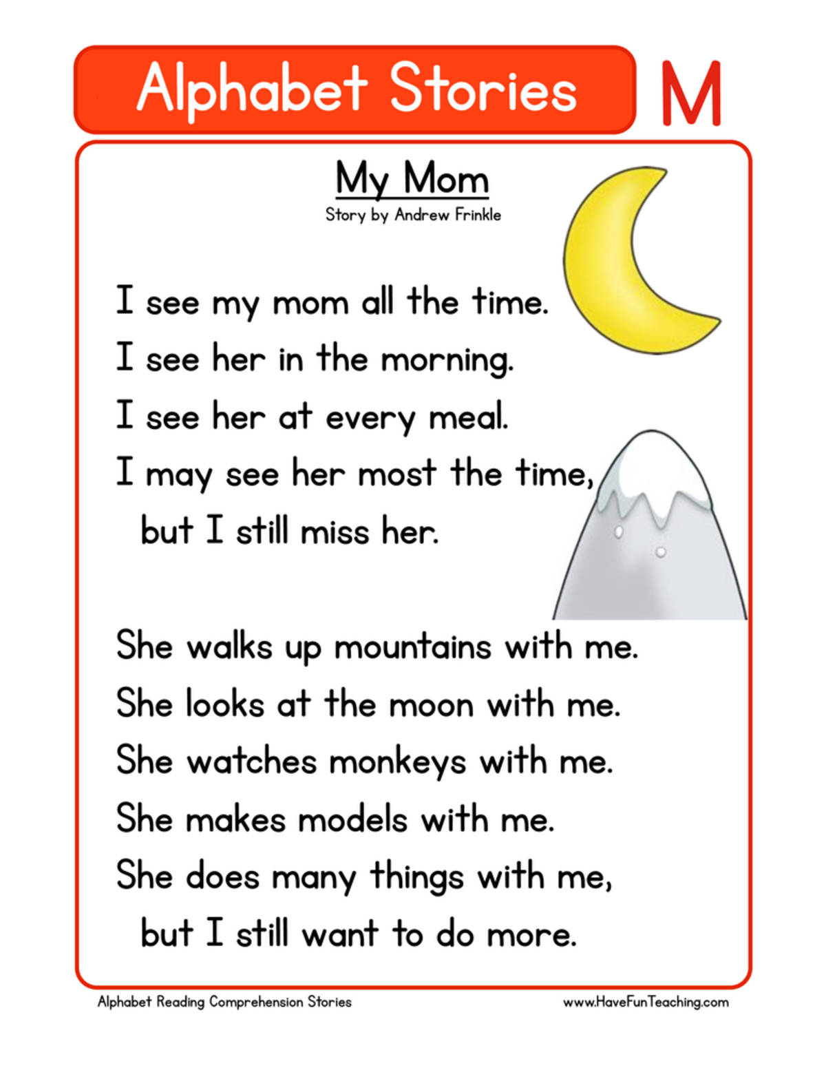 An educational teaching resource from Have Fun Teaching entitled Alphabet Stories Letter M Reading Comprehension Worksheet downloadable at Teach Simple.