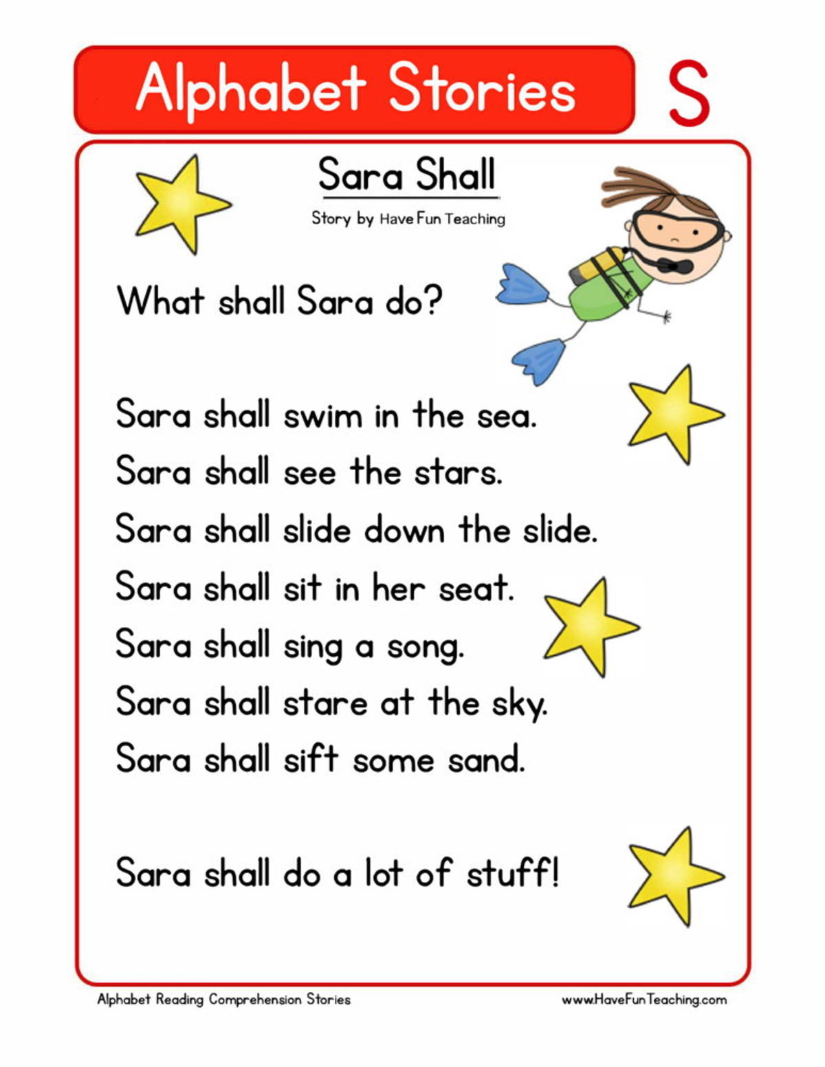 An educational teaching resource from Have Fun Teaching entitled Alphabet Stories Letter S Reading Comprehension Worksheet downloadable at Teach Simple.
