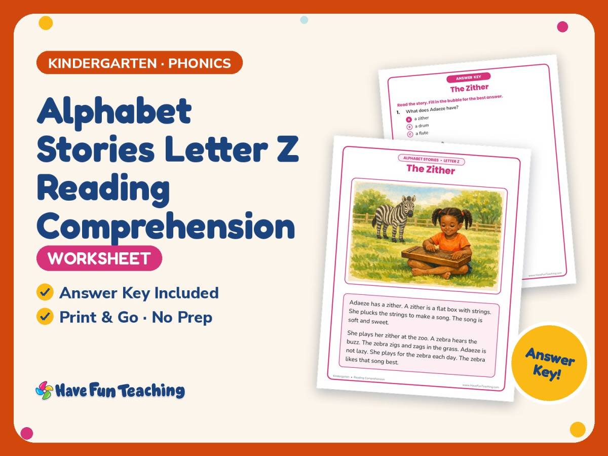 Alphabet Stories Letter Z Reading Comprehension Worksheet Practice preview
