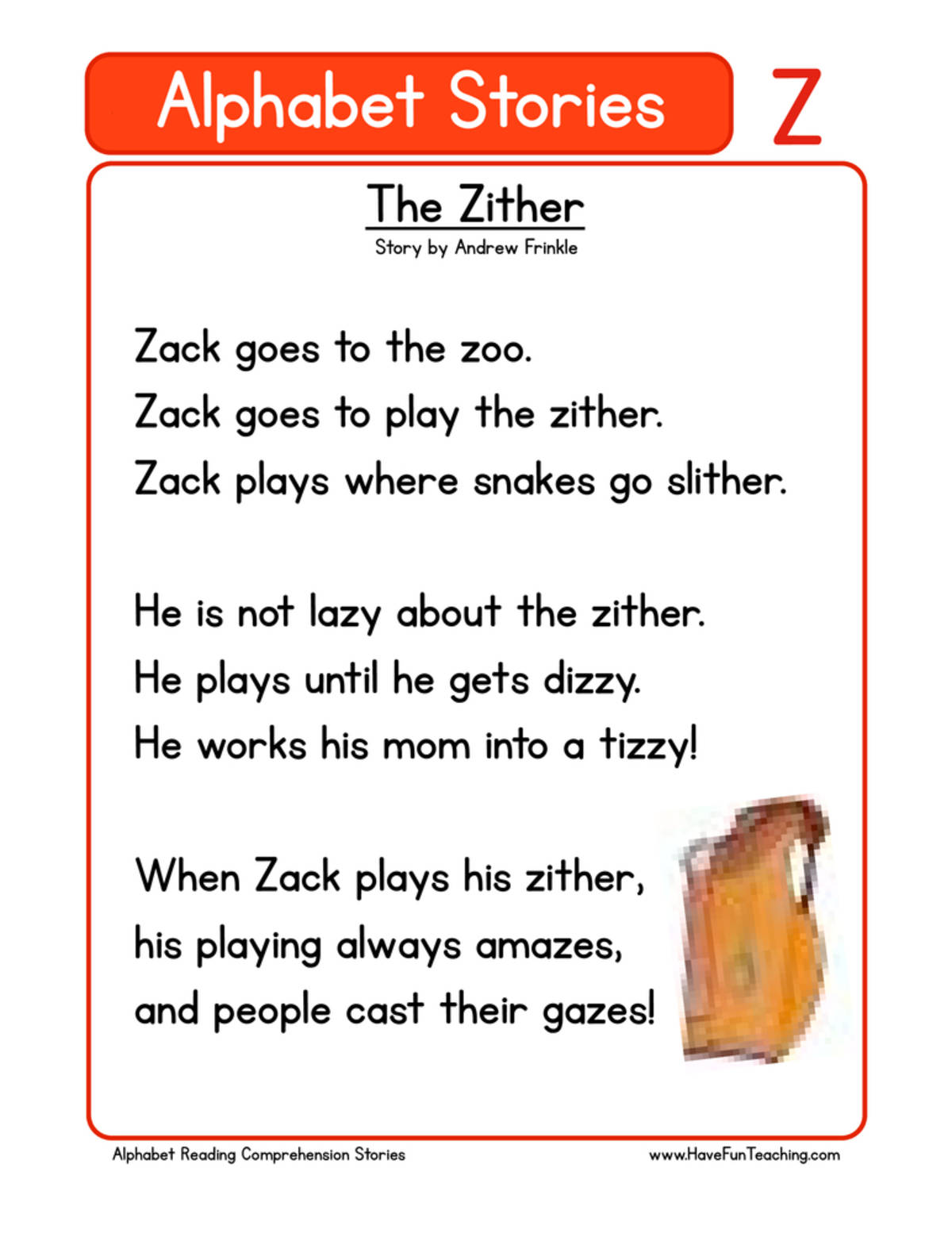 An educational teaching resource from Have Fun Teaching entitled Alphabet Stories Letter Z Reading Comprehension Worksheet downloadable at Teach Simple.