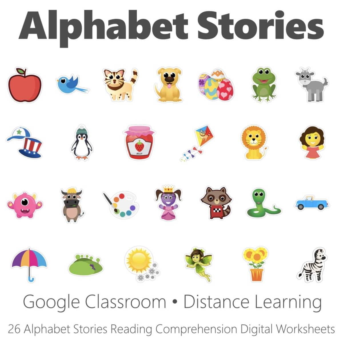 An educational teaching resource from Have Fun Teaching entitled Alphabet Stories Reading Comprehension Digital Worksheet Collection downloadable at Teach Simple.