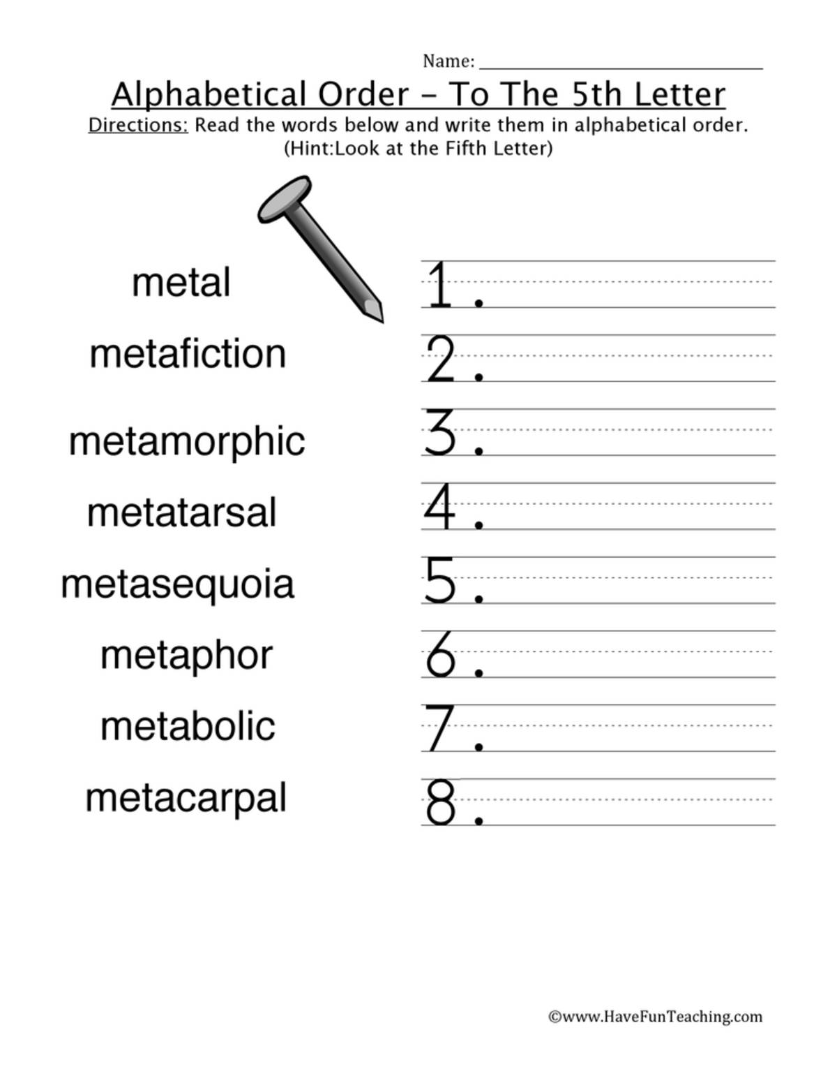An educational teaching resource from Have Fun Teaching entitled Alphabetical Order To The Fifth Letter Worksheet downloadable at Teach Simple.