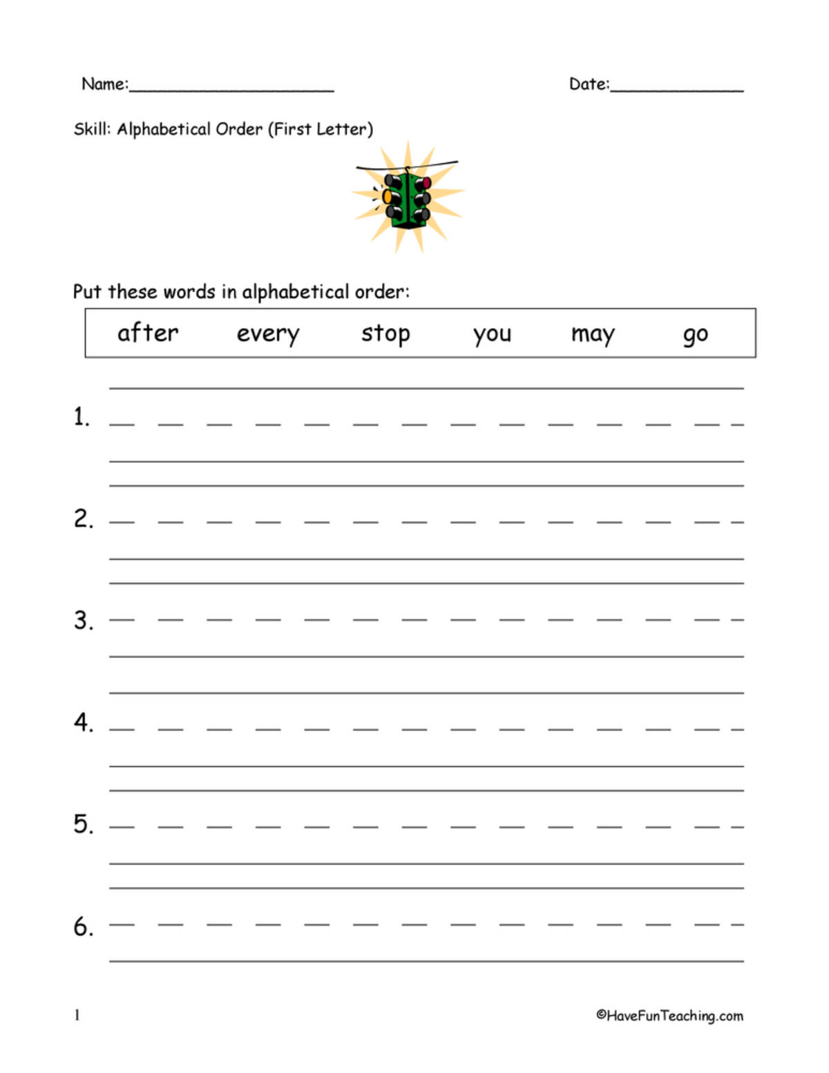 An educational teaching resource from Have Fun Teaching entitled Alphabetical Order To The First Letter Worksheet downloadable at Teach Simple.