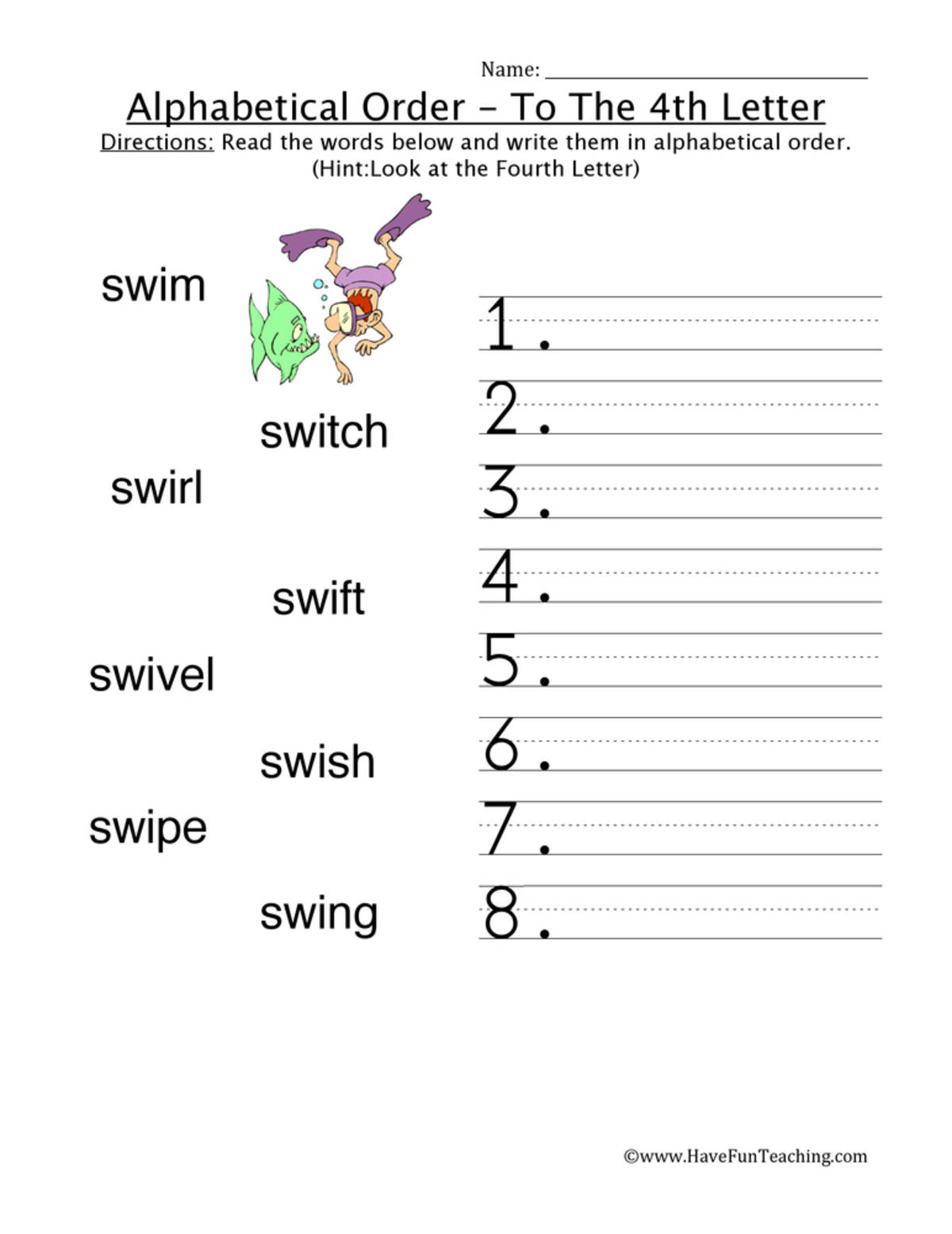 An educational teaching resource from Have Fun Teaching entitled Alphabetical Order To The Fourth Letter Worksheet downloadable at Teach Simple.