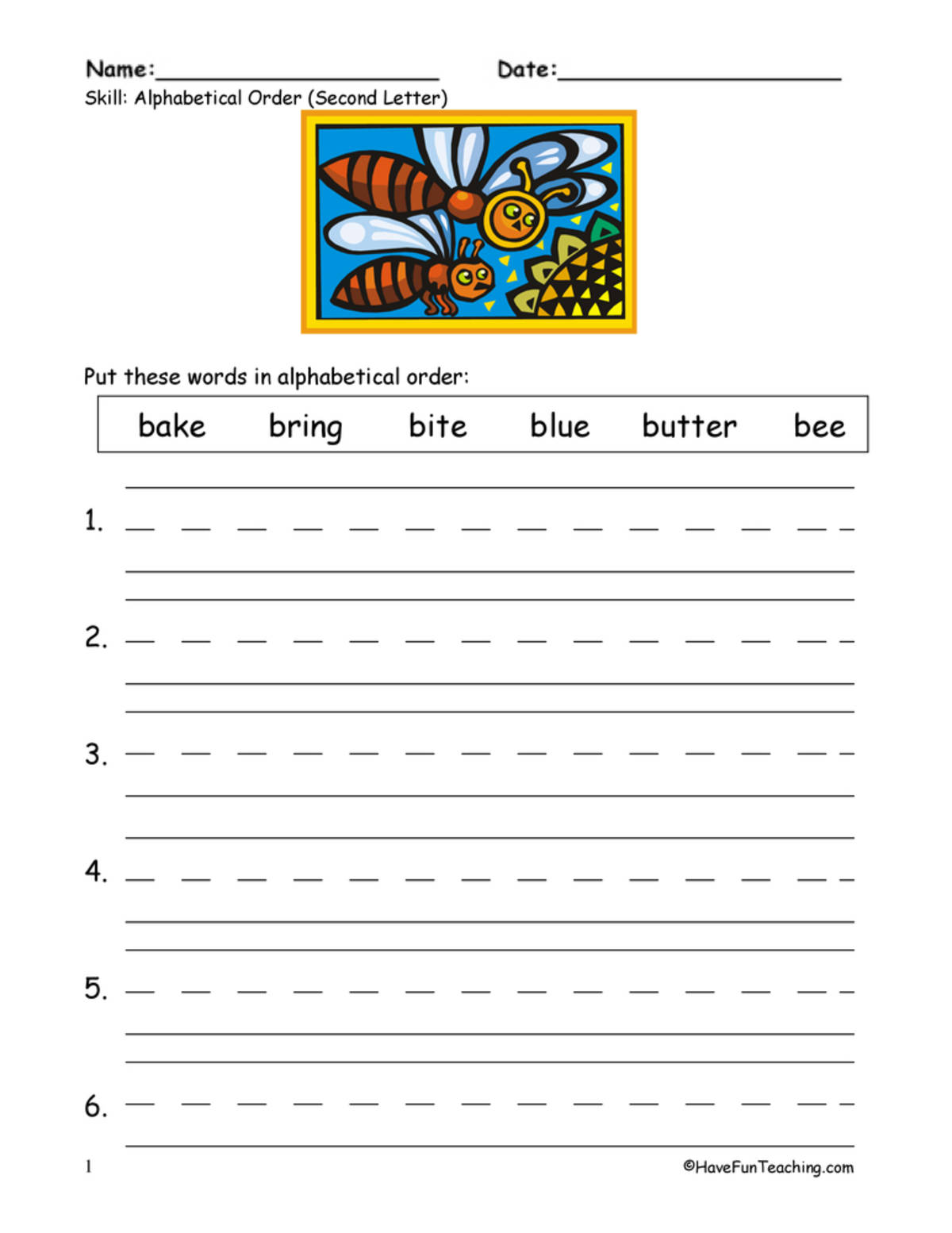 An educational teaching resource from Have Fun Teaching entitled Alphabetical Order To The Second Letter Worksheet downloadable at Teach Simple.