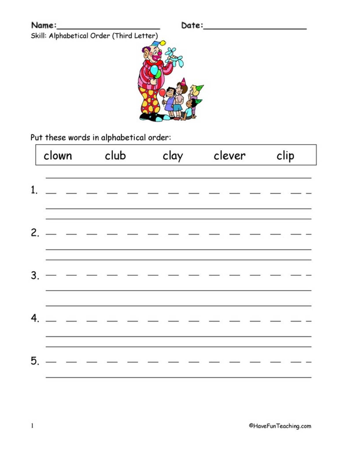 An educational teaching resource from Have Fun Teaching entitled Alphabetical Order To The Third Letter Worksheet downloadable at Teach Simple.
