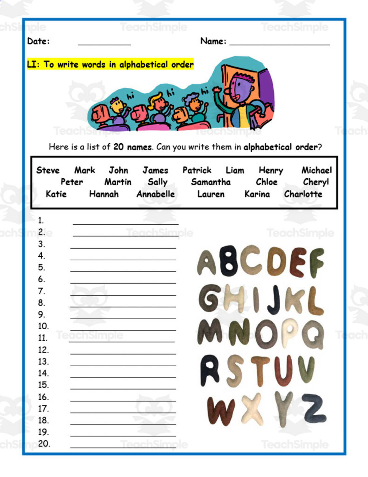 An educational teaching resource from Elementary Resources 4 U entitled Alphabetical Order Worksheet downloadable at Teach Simple.