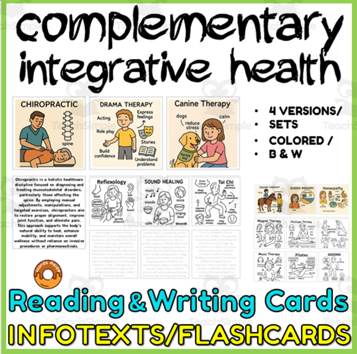 An educational teaching resource from WORDS ASIDE entitled Alternative Complementary Integrative Health Reading Writing Cards 2 downloadable at Teach Simple.
