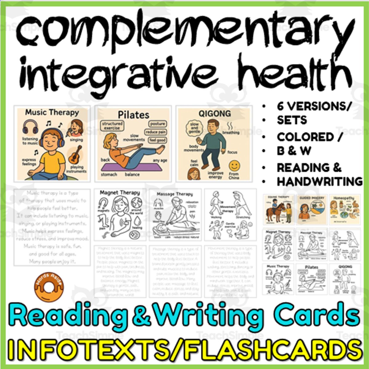 An educational teaching resource from WORDS ASIDE entitled Alternative Complementary Integrative Health Reading Writing Cards downloadable at Teach Simple.