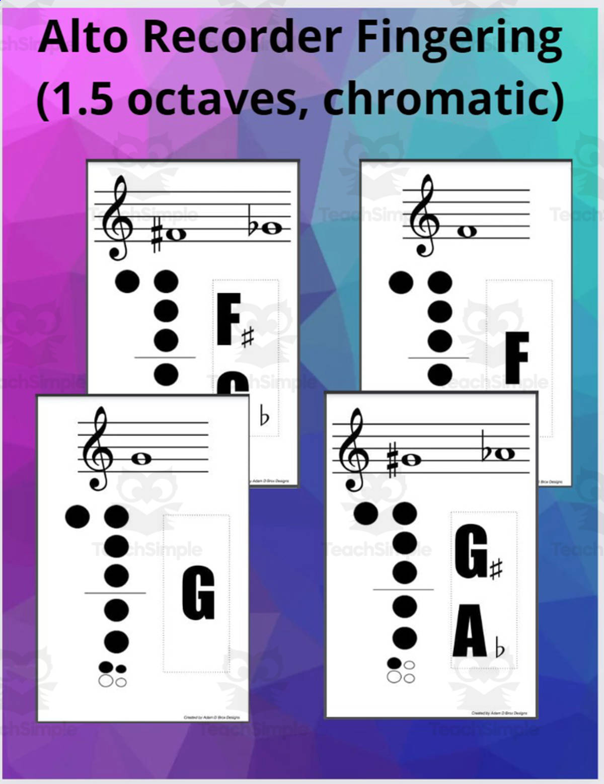 An educational teaching resource from Adam Brox Music Store entitled Alto Recorder Fingering (1.5 octaves, chromatic) downloadable at Teach Simple.