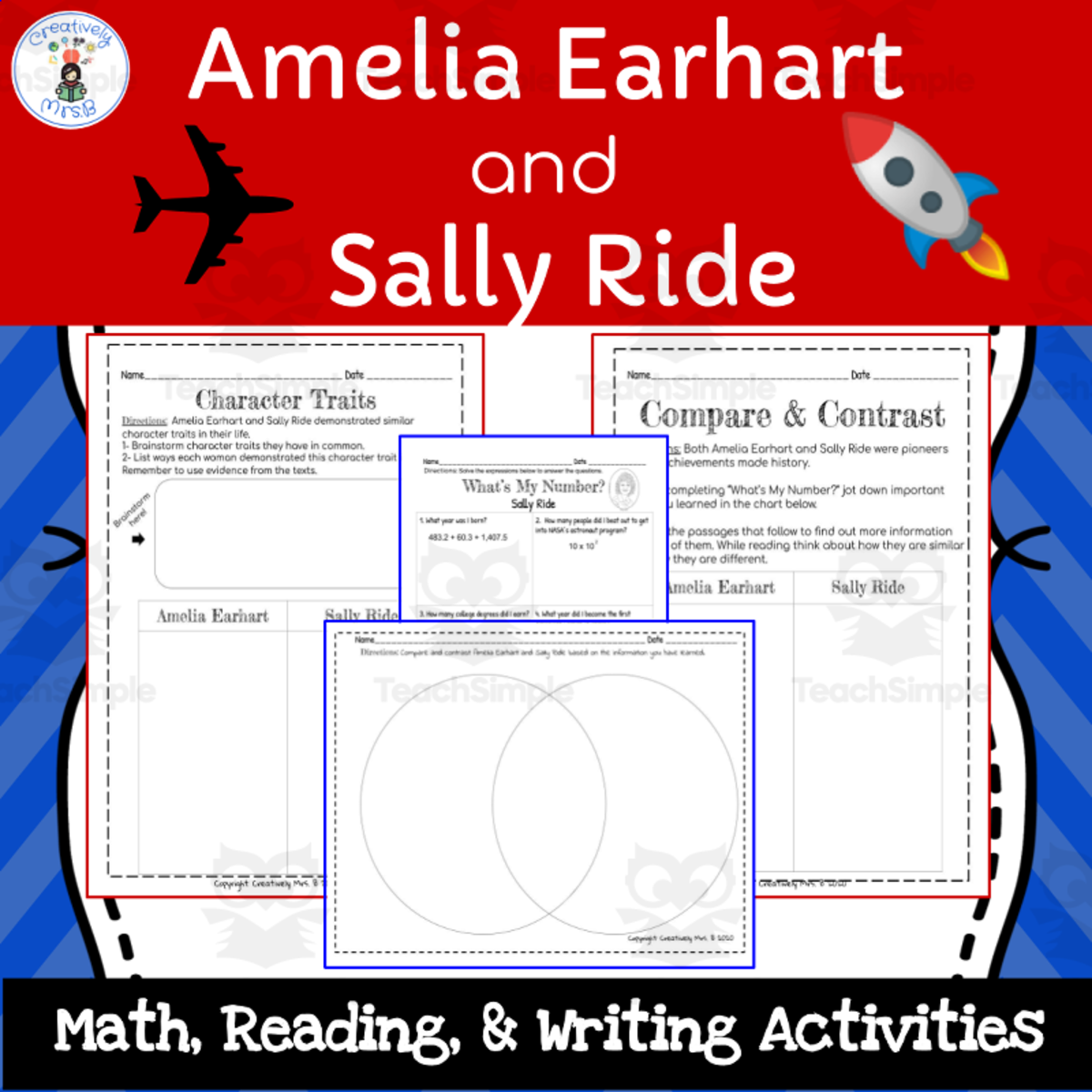 An educational teaching resource from Creatively Mrs. B entitled Amelia Earhart And Sally Ride Compare & Contrast Activity Pack downloadable at Teach Simple.