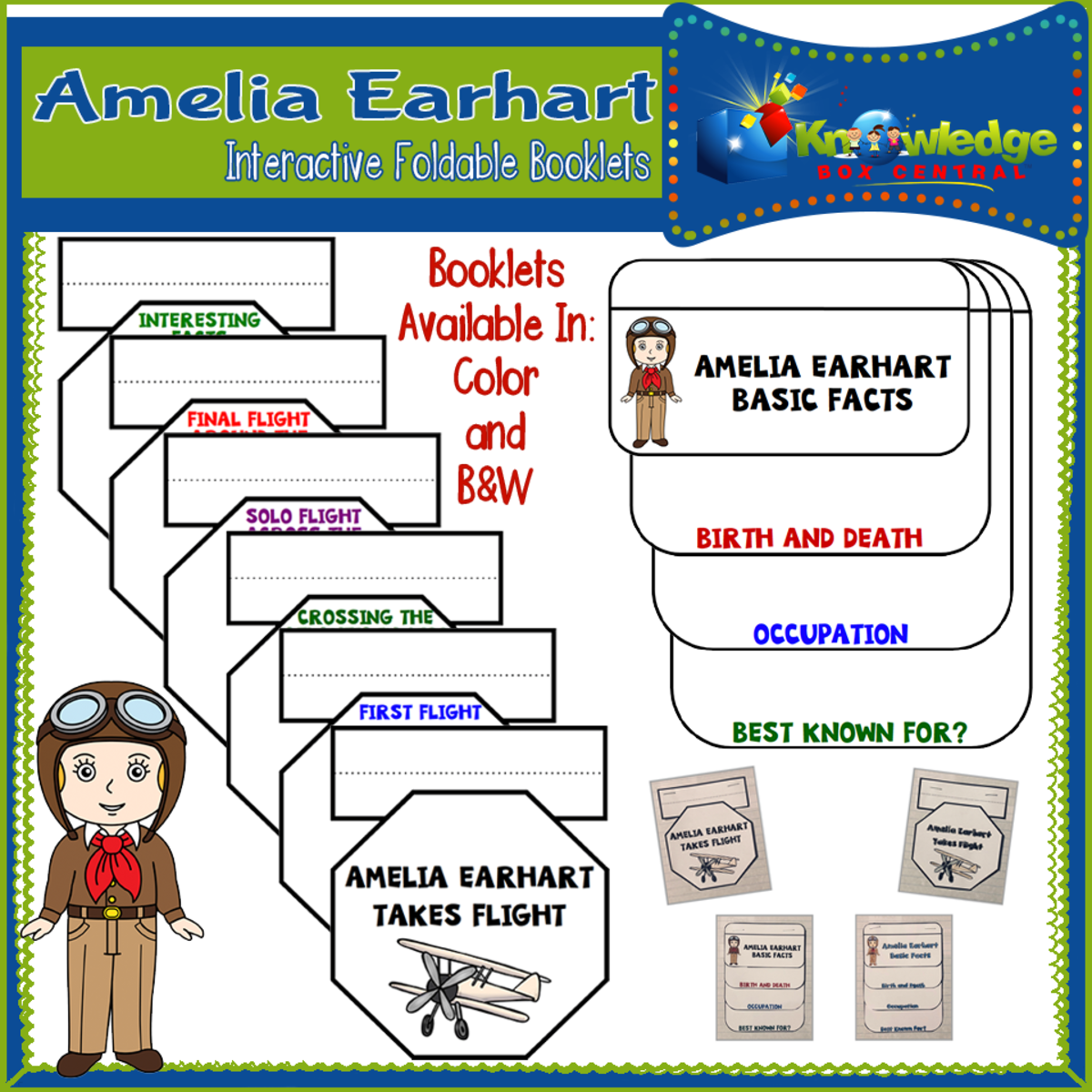 An educational teaching resource from Knowledge Box Central entitled Amelia Earhart Interactive Foldable Booklets - EBOOK downloadable at Teach Simple.