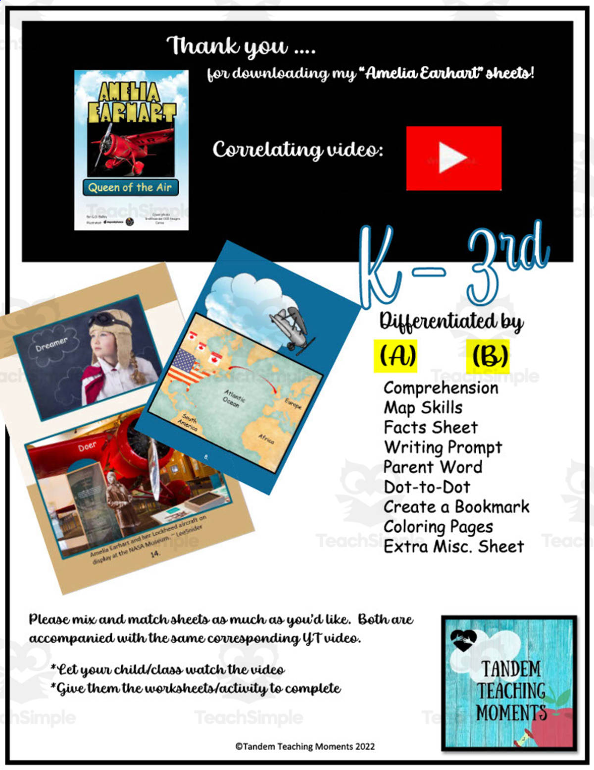 An educational teaching resource from Tandem Teaching Moments entitled Amelia Earhart K-3rd Grade Worksheet Packet downloadable at Teach Simple.